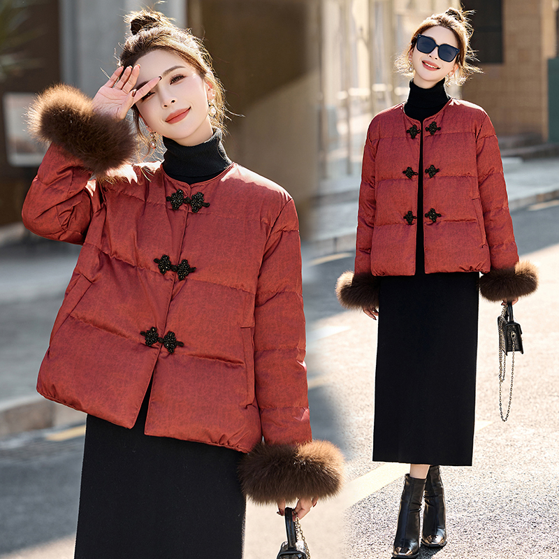 新中式国风提花羽绒服女2025冬新款时尚百搭减龄真狐狸毛高端外套