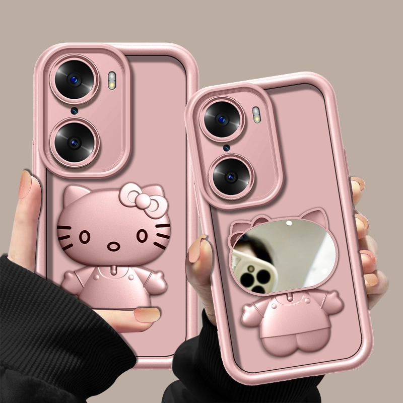 适用于【荣耀60pro】金属漆香槟粉高级感猫咪支架手机壳防摔创意女