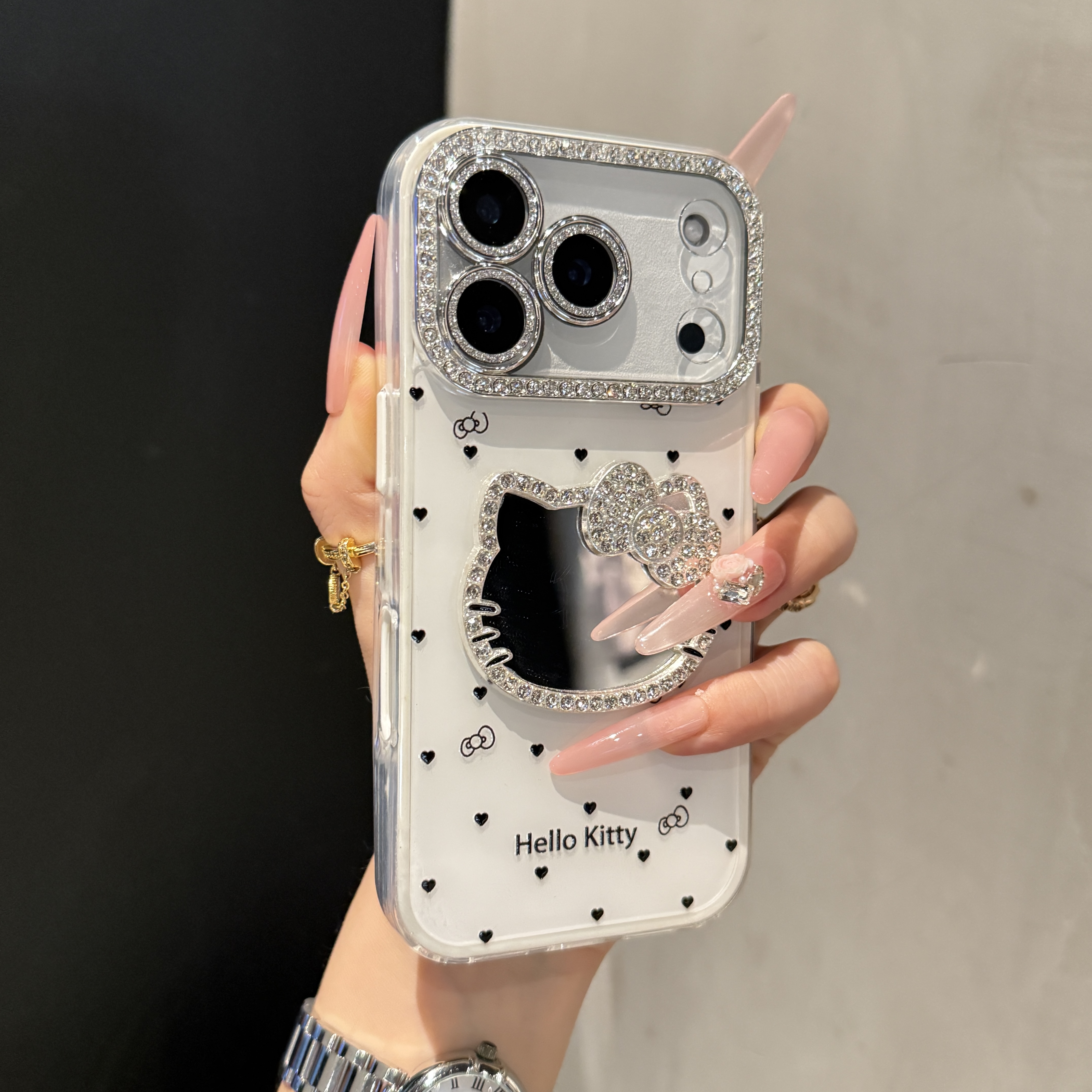 高级感立体闪钻猫咪镜子适用苹果17promax手机壳iPhone16全包15女