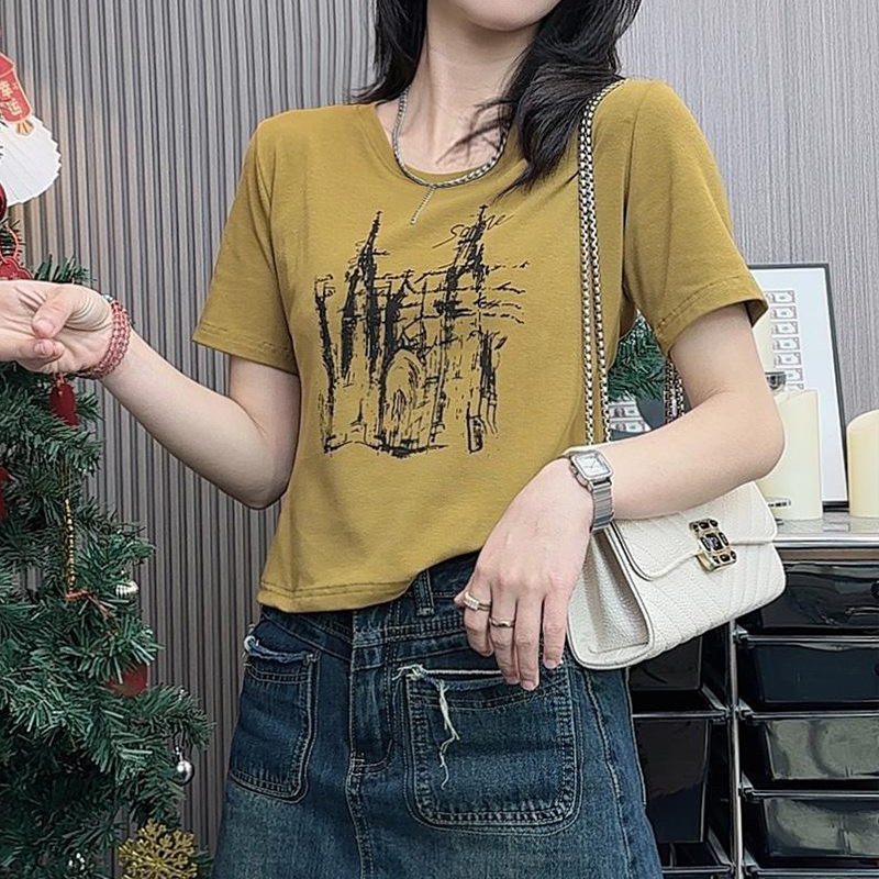 高含棉美式复古百搭t恤女夏季2026新款时尚韩版休闲印花短袖上衣