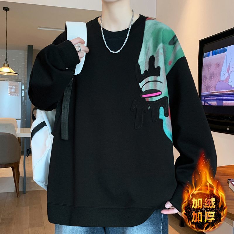 加绒加厚长袖恤男生撞色潮牌秋冬季拼接宽松休闲卫衣男