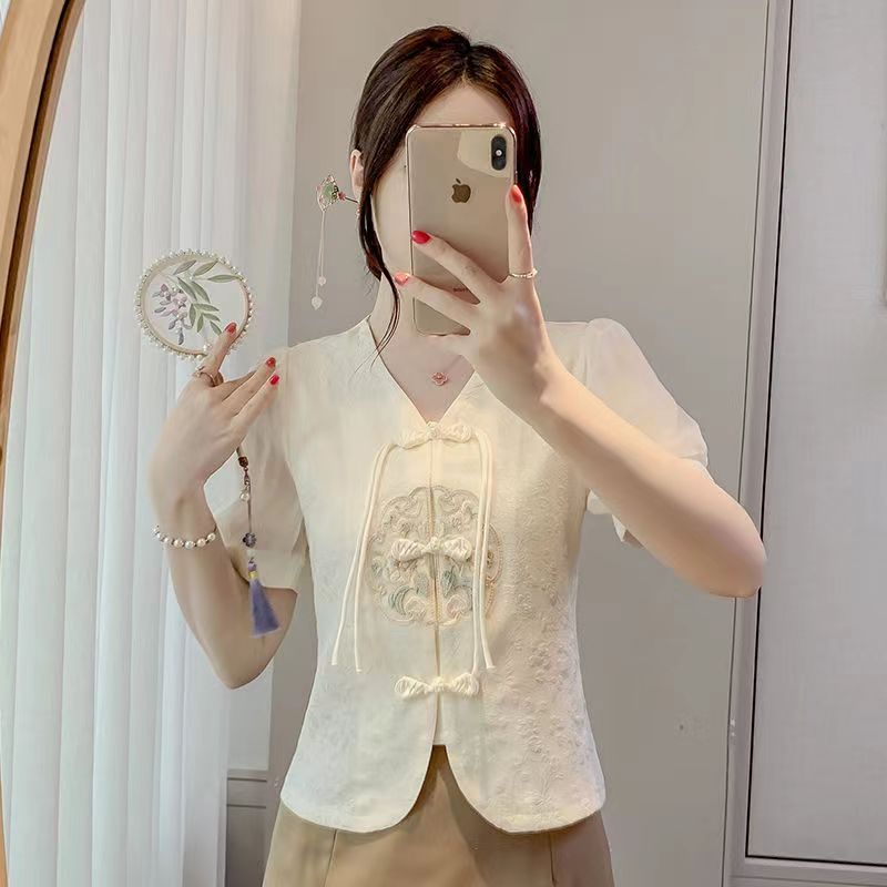 新中式v领刺绣衬衫女夏季2025新款收腰显瘦短款上衣国风短袖小衫