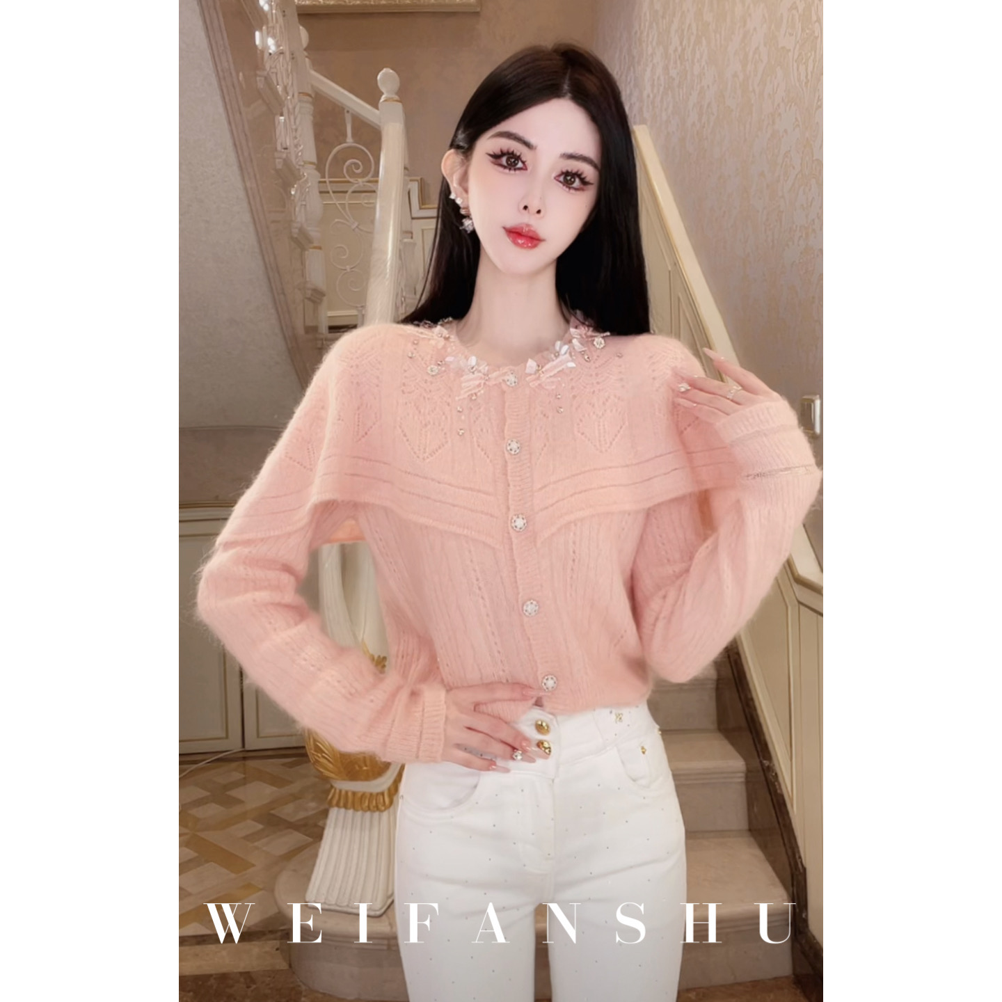 WEIFANSHU/魏凡舒【云间珊瑚】新款设计感羊驼毛v领上衣&斗篷开衫