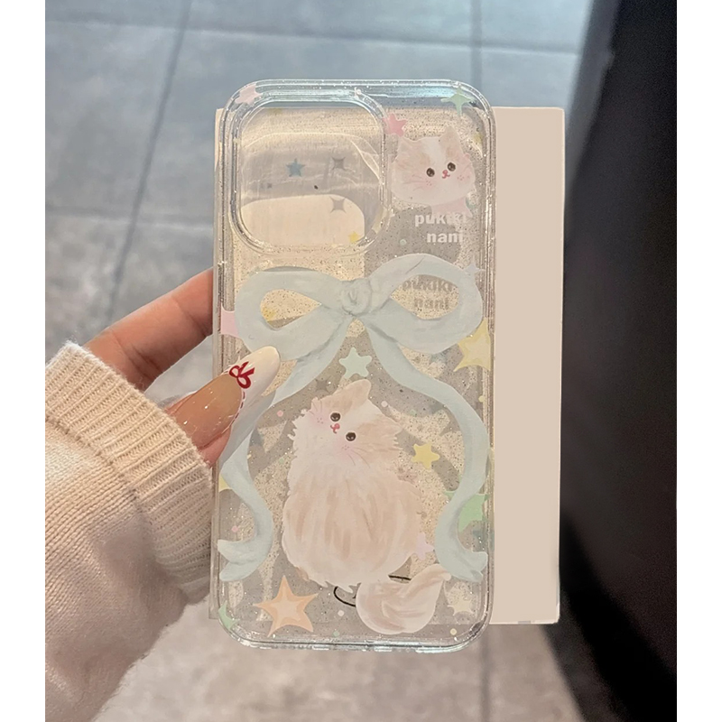 雅天立蓝色蝴蝶结猫咪适用iPhone16promax苹果13/15手机壳闪粉14