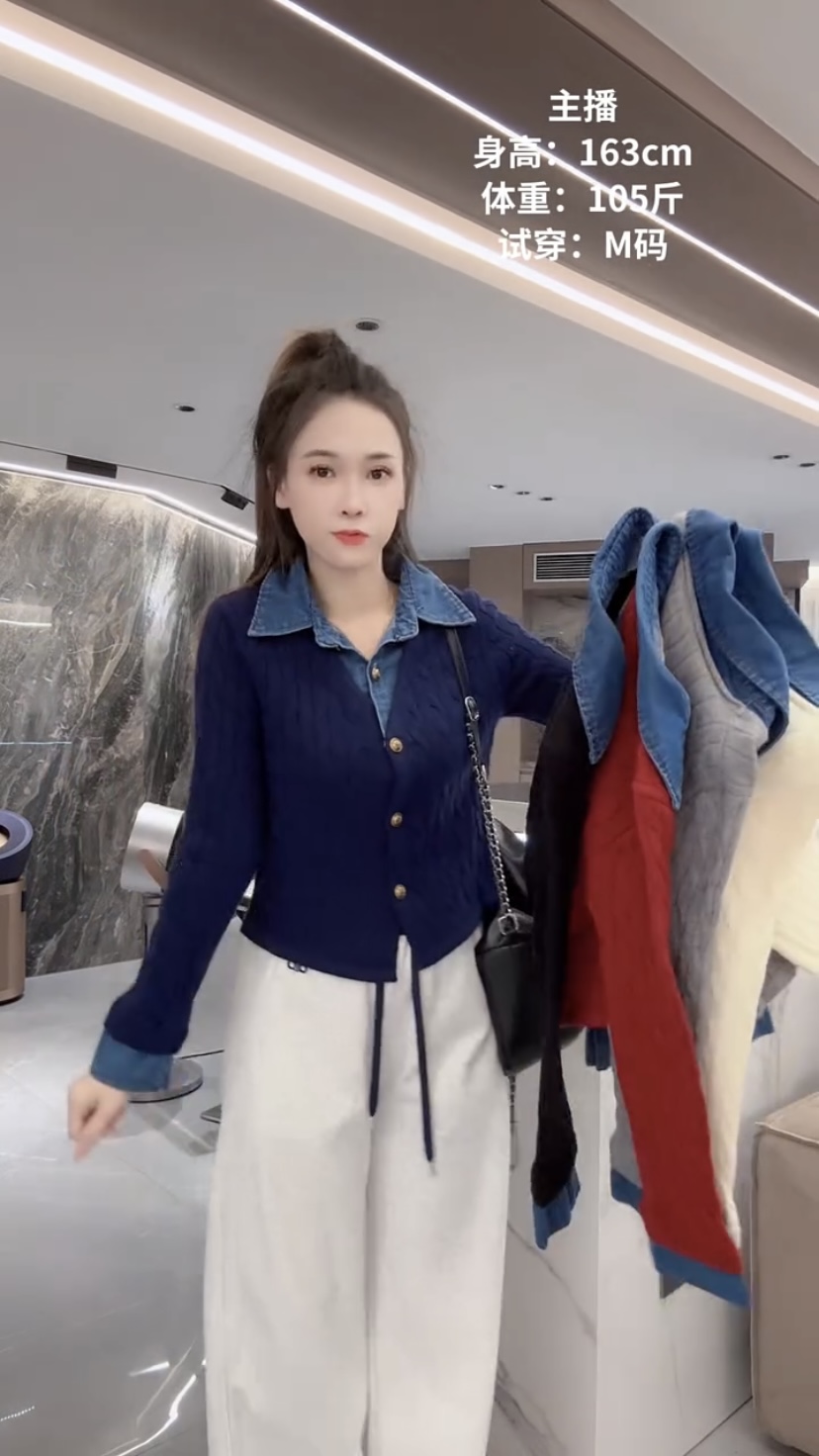 翻领牛仔拼接假两件长袖针织衫女学院风气质百搭上衣