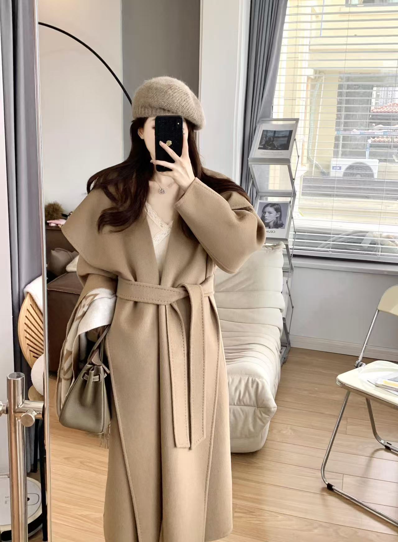 高级感爆款驼色双面呢子大衣女秋冬新款翻领慵懒风中长款毛呢外套