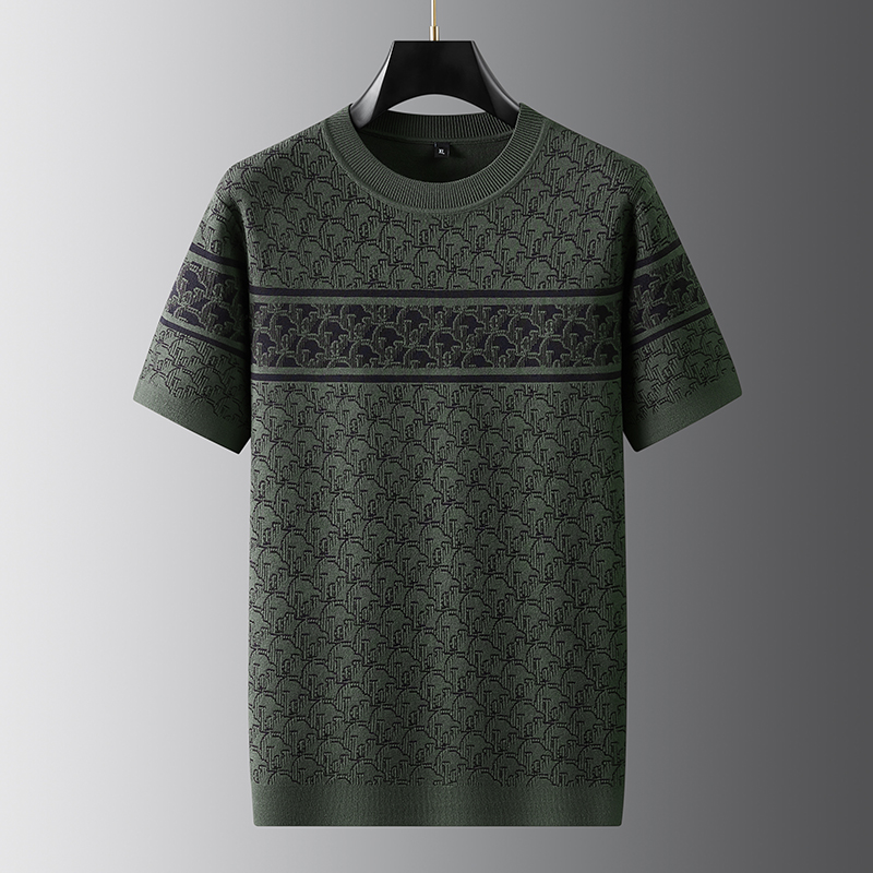 男士时尚提花秋季透气圆领薄款潮流修身百搭大码休闲短袖针织衫FP