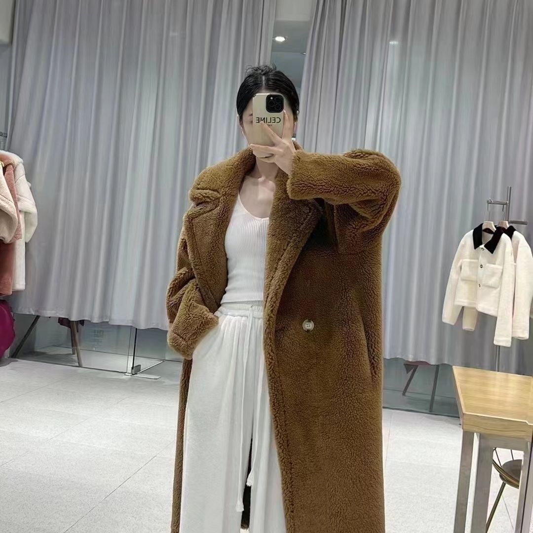 西服领热巴泰迪熊大衣M家羊毛复合颗粒皮毛一体长款女士廓形外套