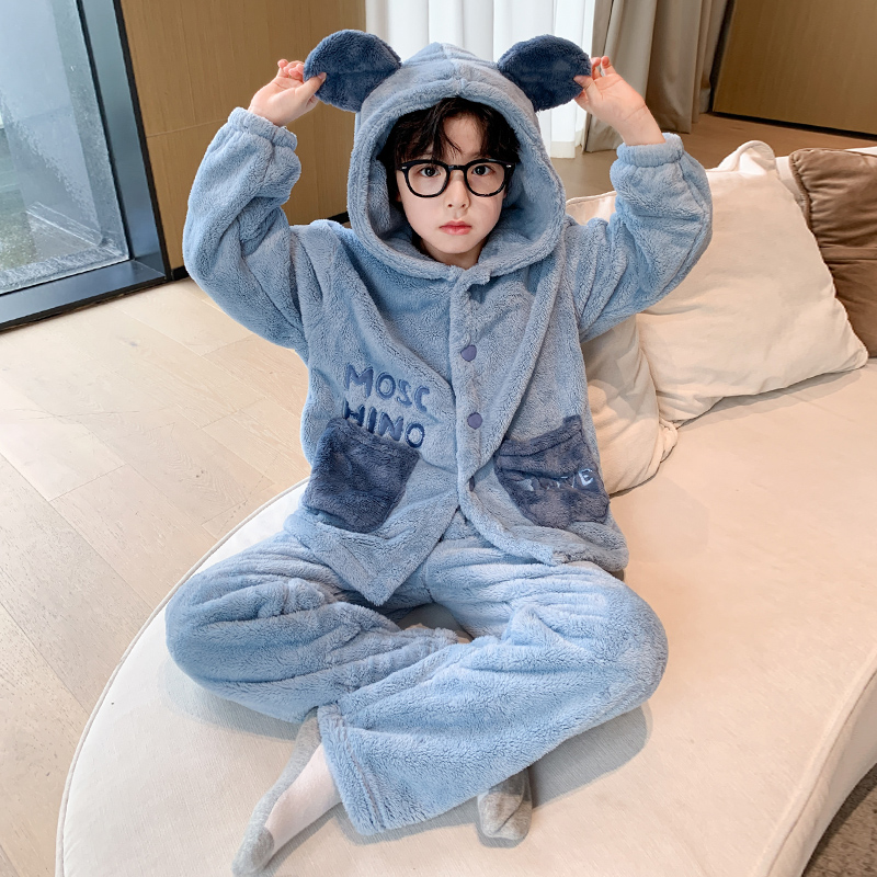 家居服男童2025服装珊瑚男孩的冬天加厚衬里大童孩子的法兰绒