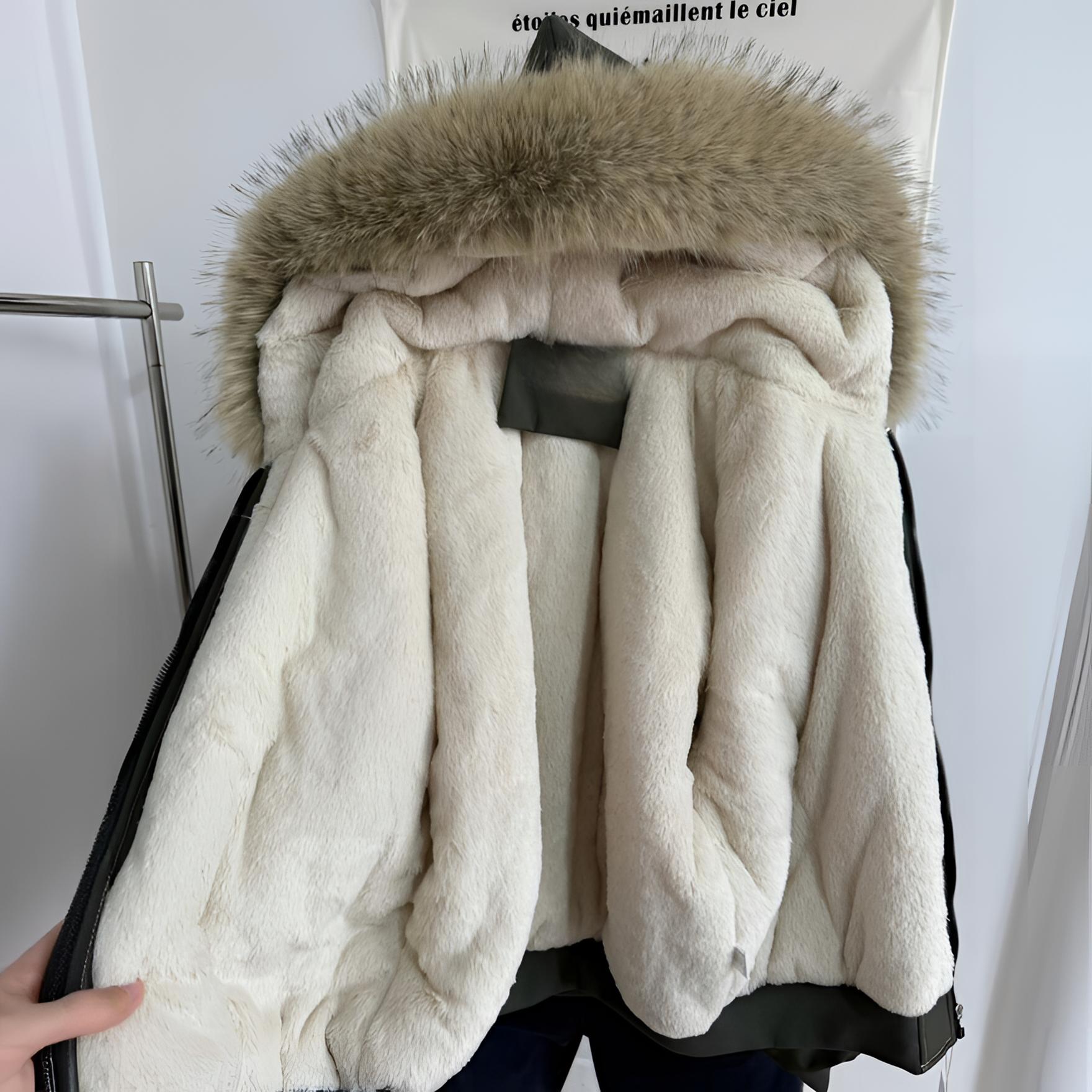 皮毛一体毛领座山雕棉服冬季女加绒加厚宽松连帽棉衣外套保暖棉袄