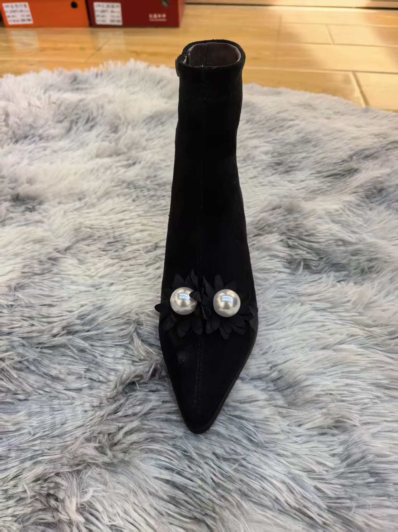 胶粘鞋尖头侧拉链方跟中跟短靴时尚弹力低跟跟鞋细跟