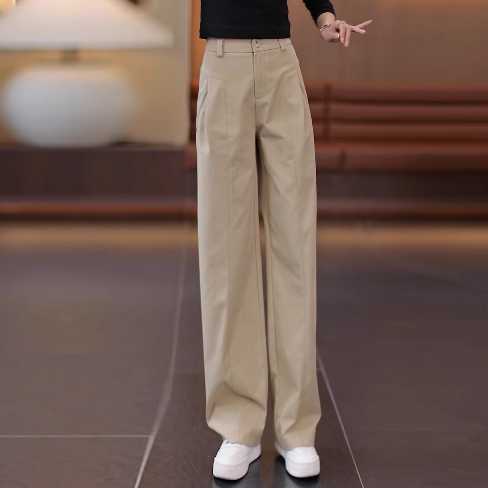 拉夏贝尔弯刀阔腿裤女夏季2025款高腰宽松垂感百搭直筒休闲西装裤