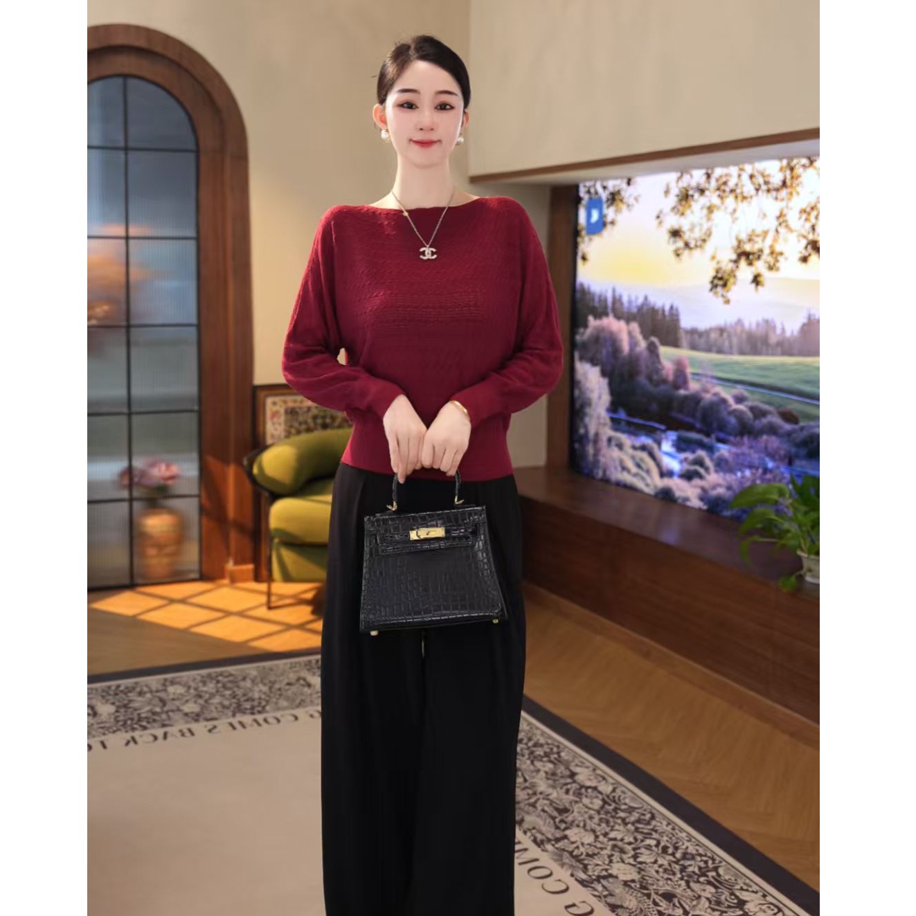 2026年秋冬新款【7947】含绵羊毛长袖高级感气质轻奢红色针织毛衣