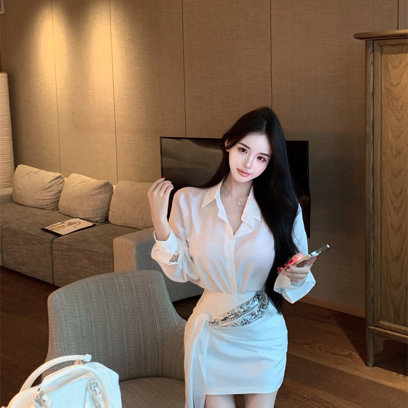 气质别致翻领长袖衬衫上衣女秋不规则包臀短裙时尚百搭配亮片腰封