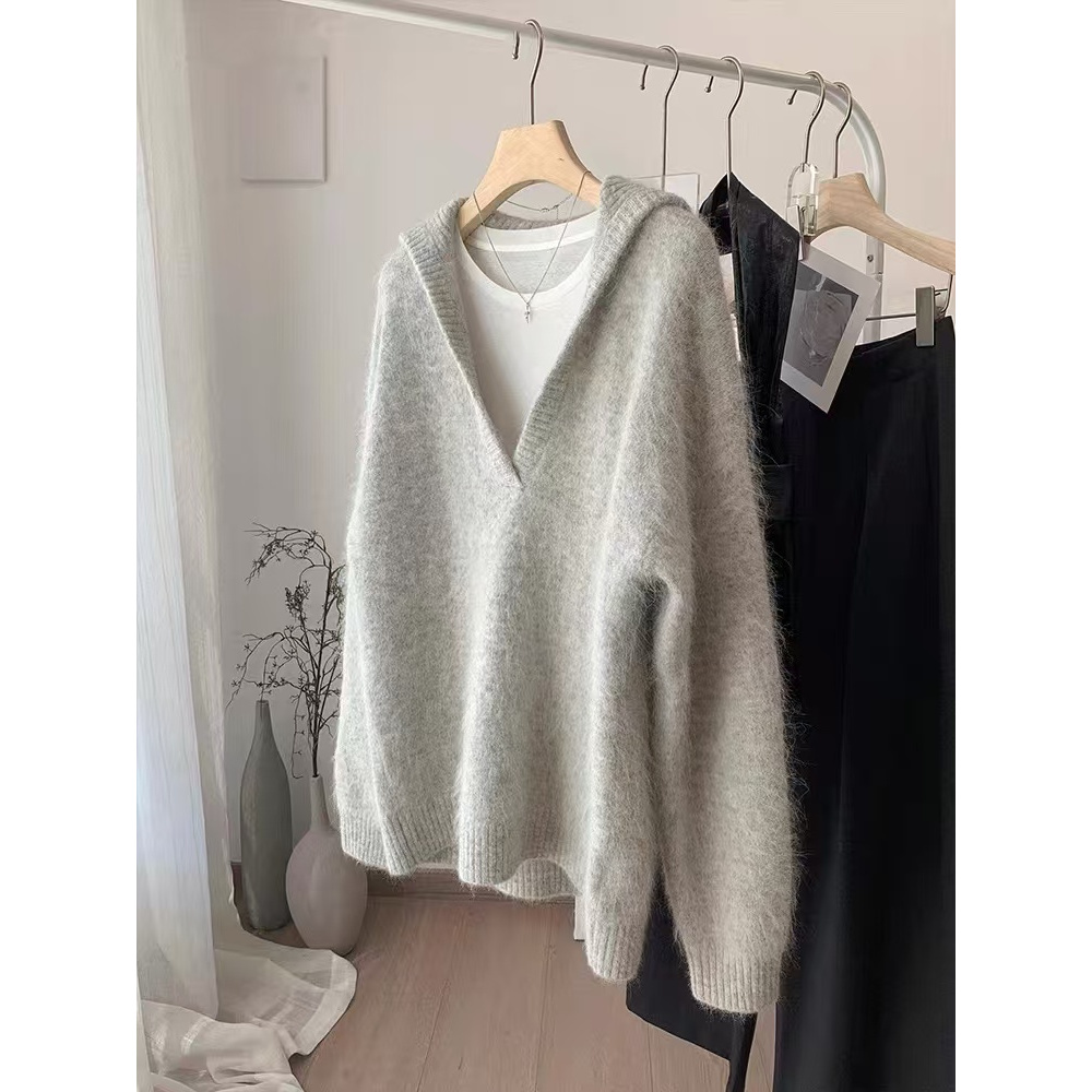 真心舒服！巨推荐！松弛感~灰色针织衫蓬松宽松慵懒大翻领V领毛衣女