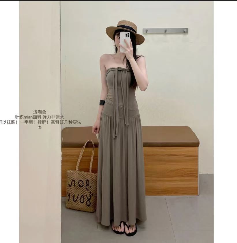 WANZI【极简松弛】御姐风绑带设计感多穿上衣弹力长裙套装