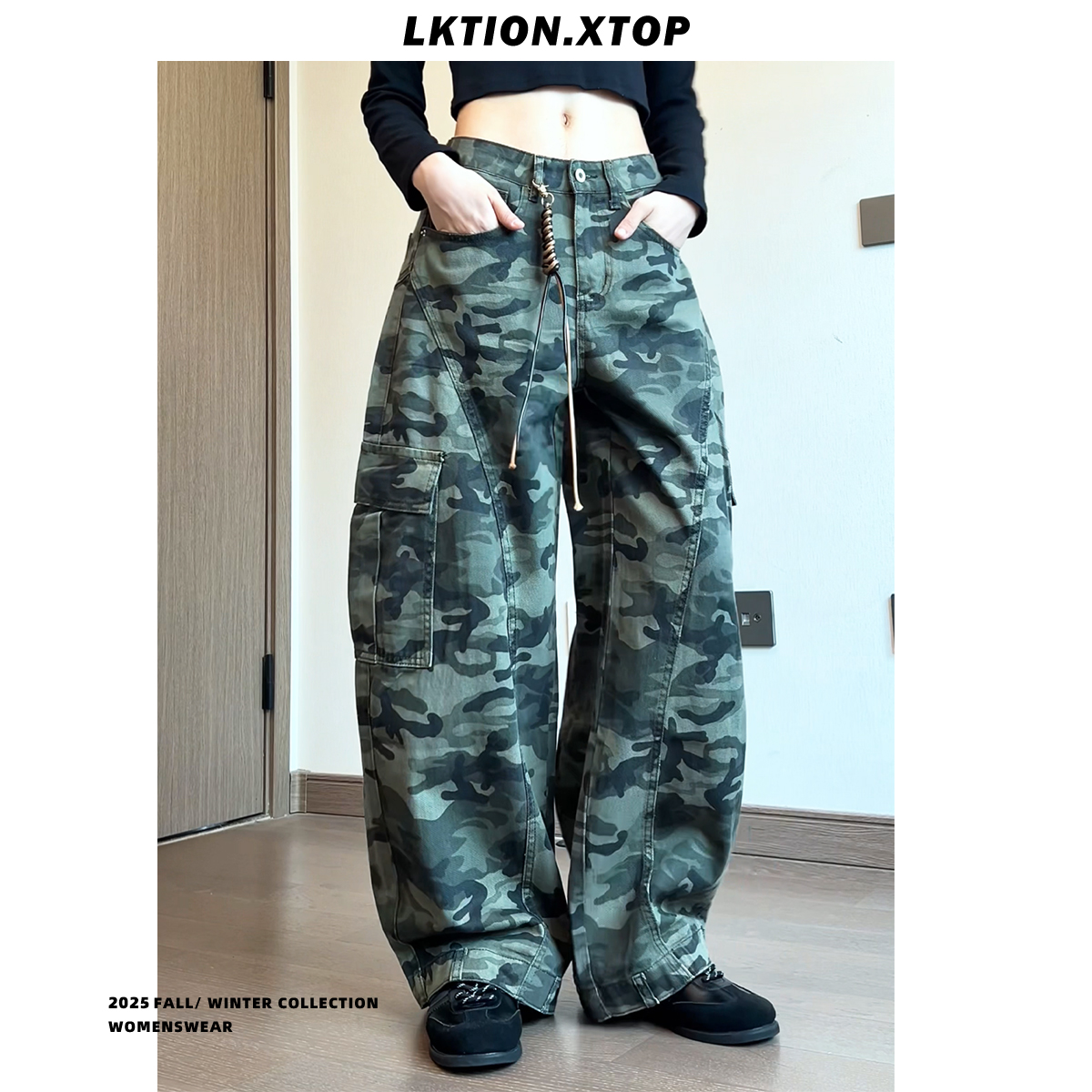 LK正品美式大口袋迷彩工装裤子复古潮牌宽松直筒中性休闲裤长裤