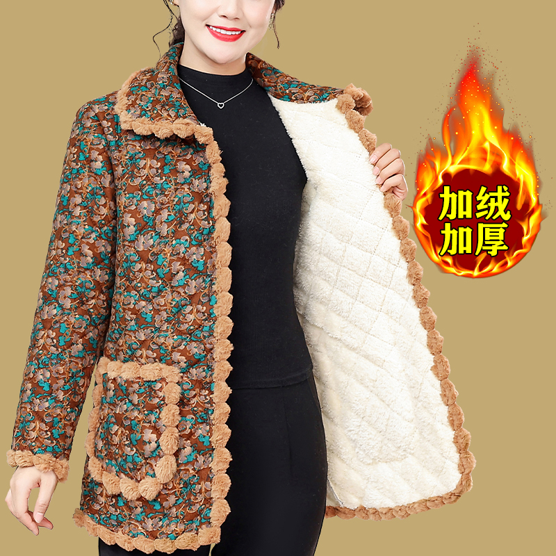 妈妈冬季中老年新款碎花棉袄加绒保暖加厚时尚棉衣外套洋气棉服