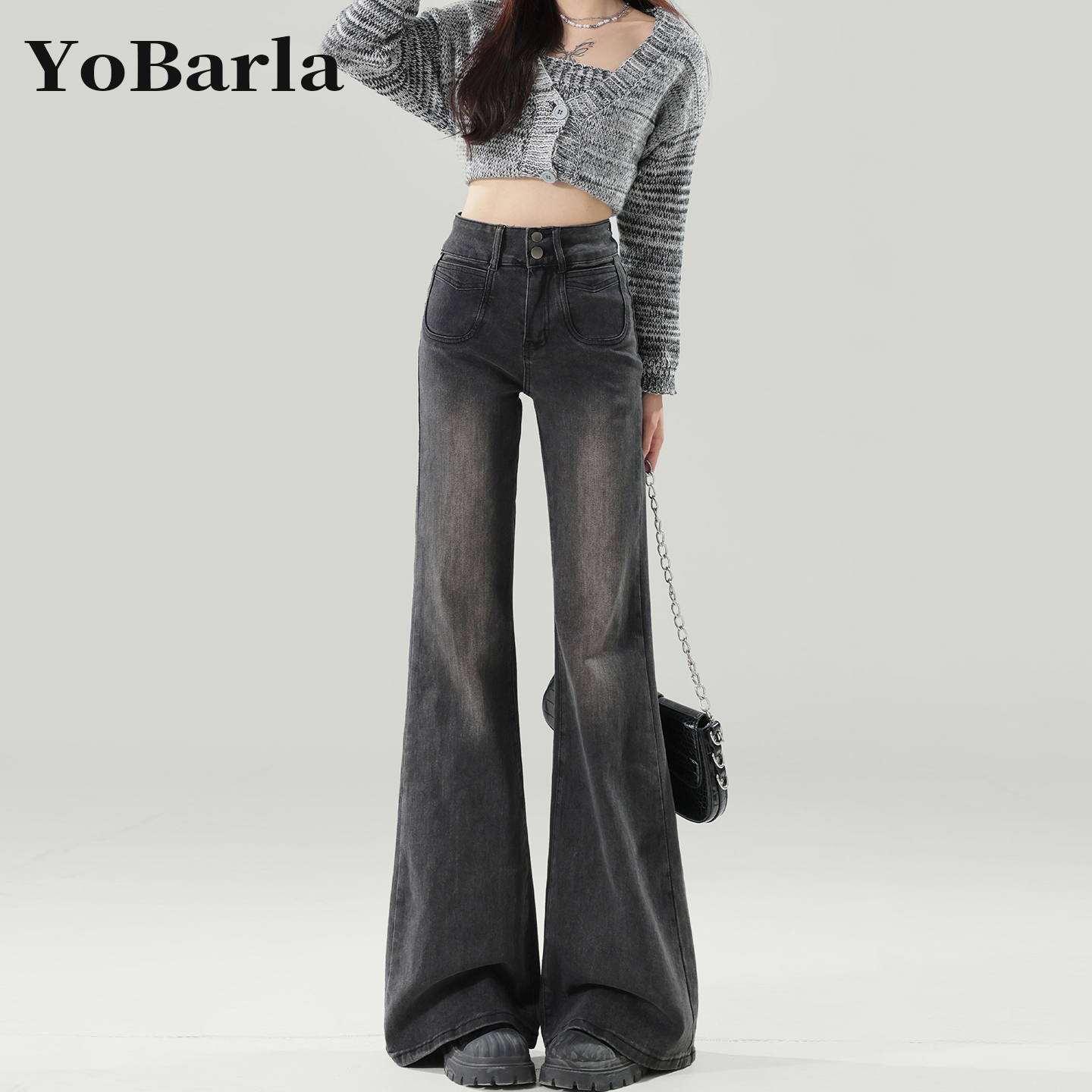 黑灰色微喇牛仔裤女冬季加绒大码胖mm弹力高腰显瘦梨型身材喇叭裤