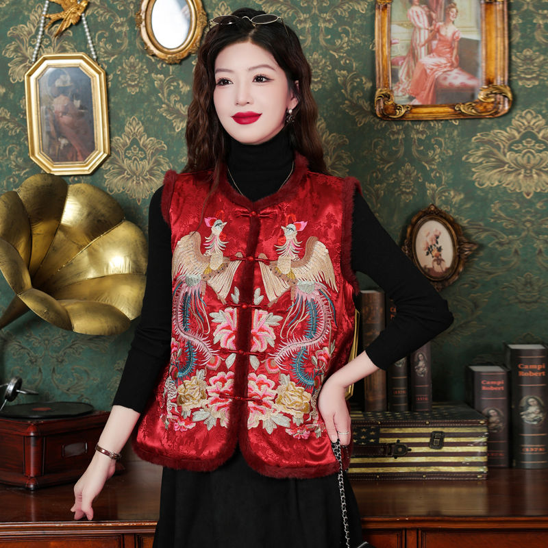 中式复古盘扣醋酸提花缎新款国风民族秋冬重工刺绣加棉女马甲坎肩