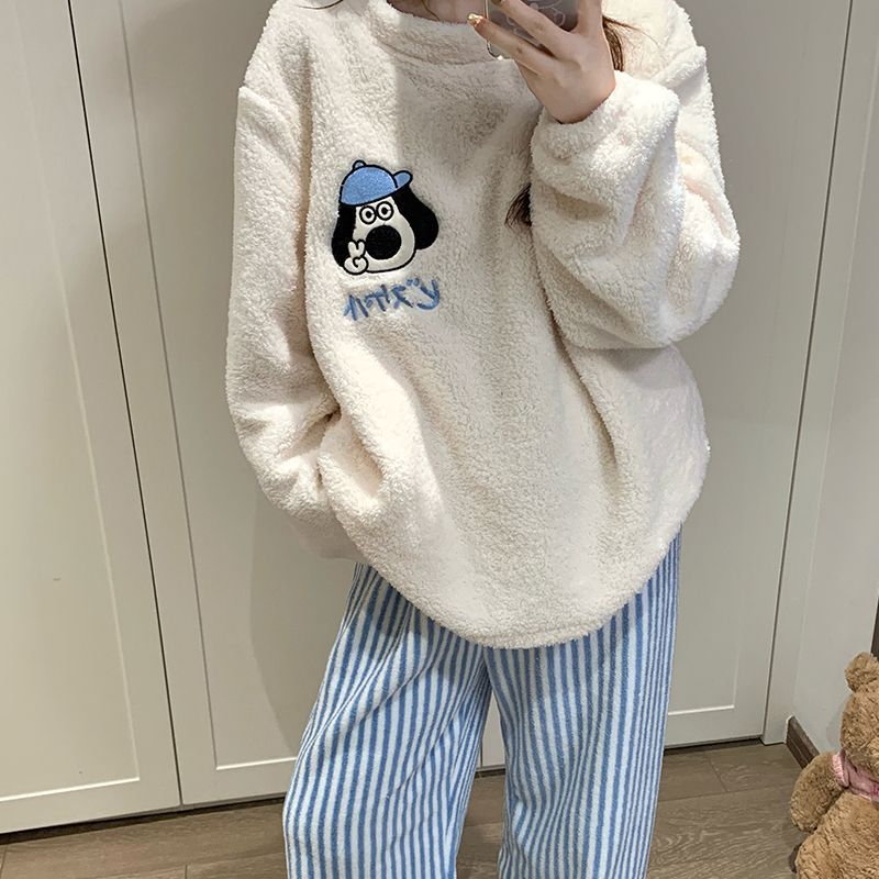 可爱狗睡衣女秋冬季珊瑚绒甜美韩版加厚米粒绒韩版可外穿学生套装