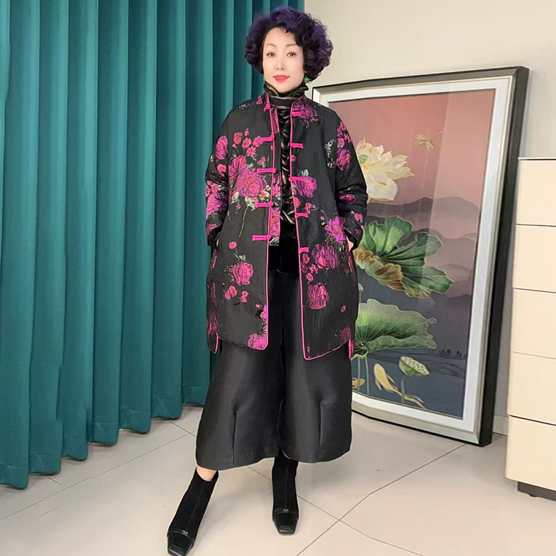 冬季新款阔太太国风盘扣中长款唐装风衣宽松提花加棉加厚保暖外套