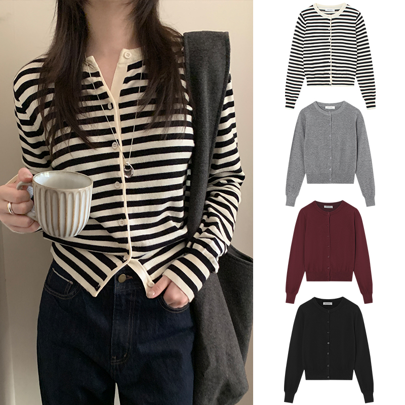 Miss sumeyY3601自制女装毛针织衫春慵懒风圆领长袖条纹短款外套