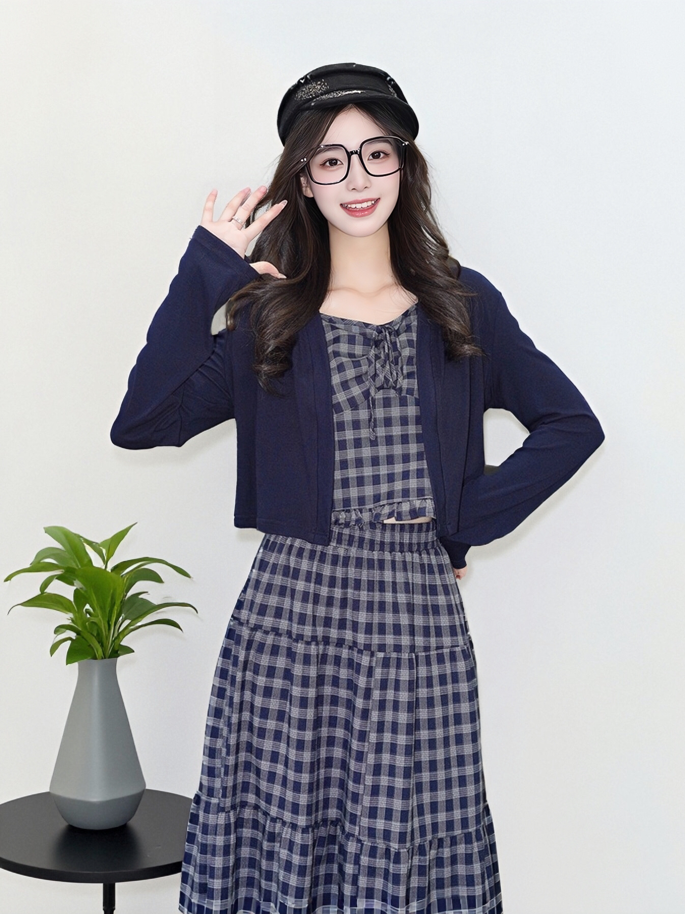 【HOT】时尚休闲风百搭长袖针织开衫+格子吊带+高腰半身裙三件套