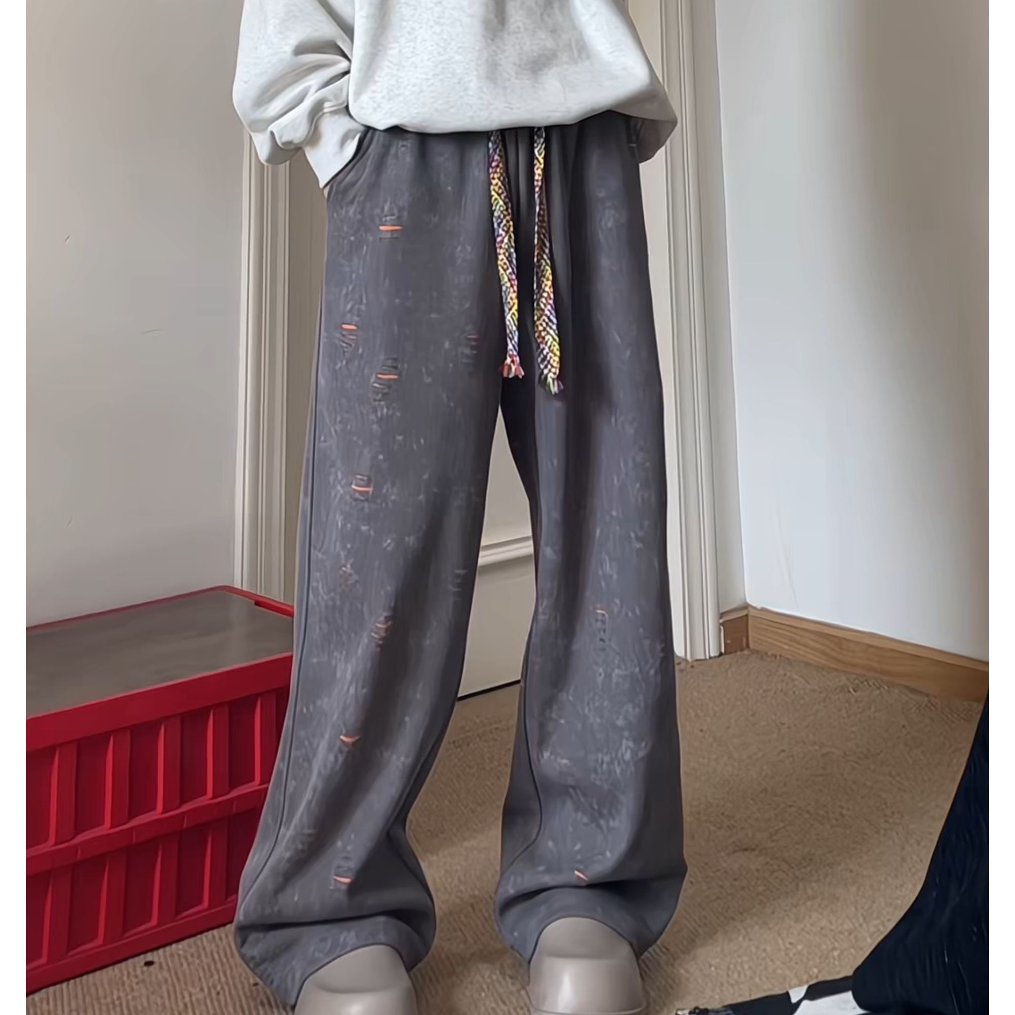 重磅340克秋季长裤美式割破撞色休闲裤男女宽松直筒卫裤弯刀裤潮