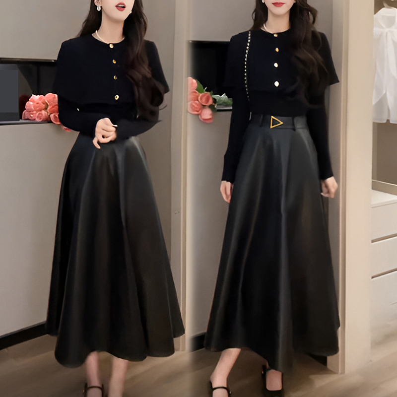 叠穿长袖针织上衣女2025春秋新款修身气质半身皮裙两件套潮