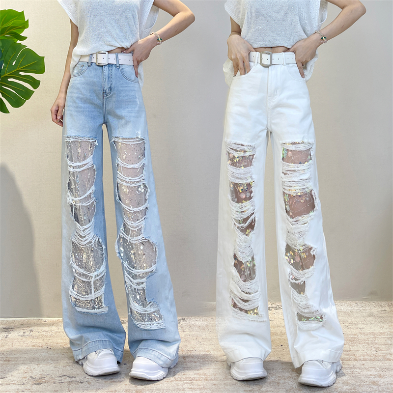 【迪否】破洞牛仔裤女款新款夏季薄款时尚高腰宽松慵懒风阔腿裤6089