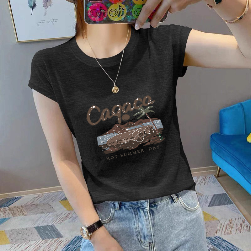 雪花棉T恤女夏季宽松打底衫t恤圆领短袖显瘦百搭正肩印花上衣潮