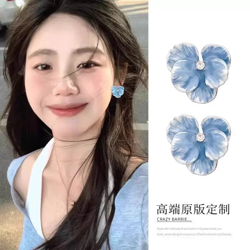 蓝色滴釉花朵耳钉时尚气质耳饰ins小饰品耳环2025新款爆款高级感
