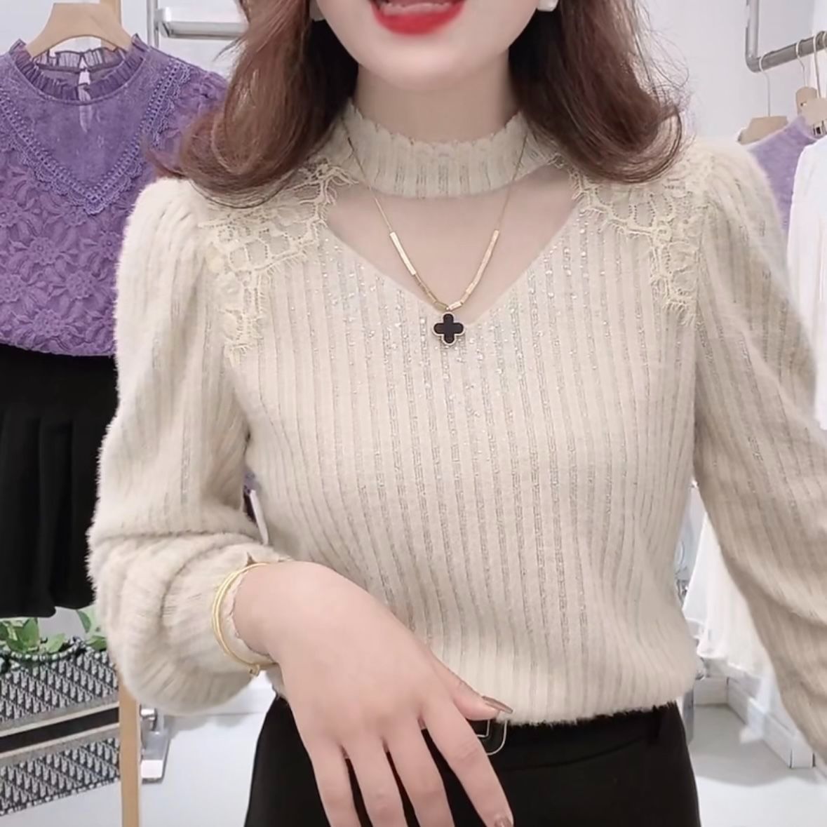 薄款/加绒加厚磨毛蕾丝打底衫女秋冬新款气质百搭保暖上衣小衫