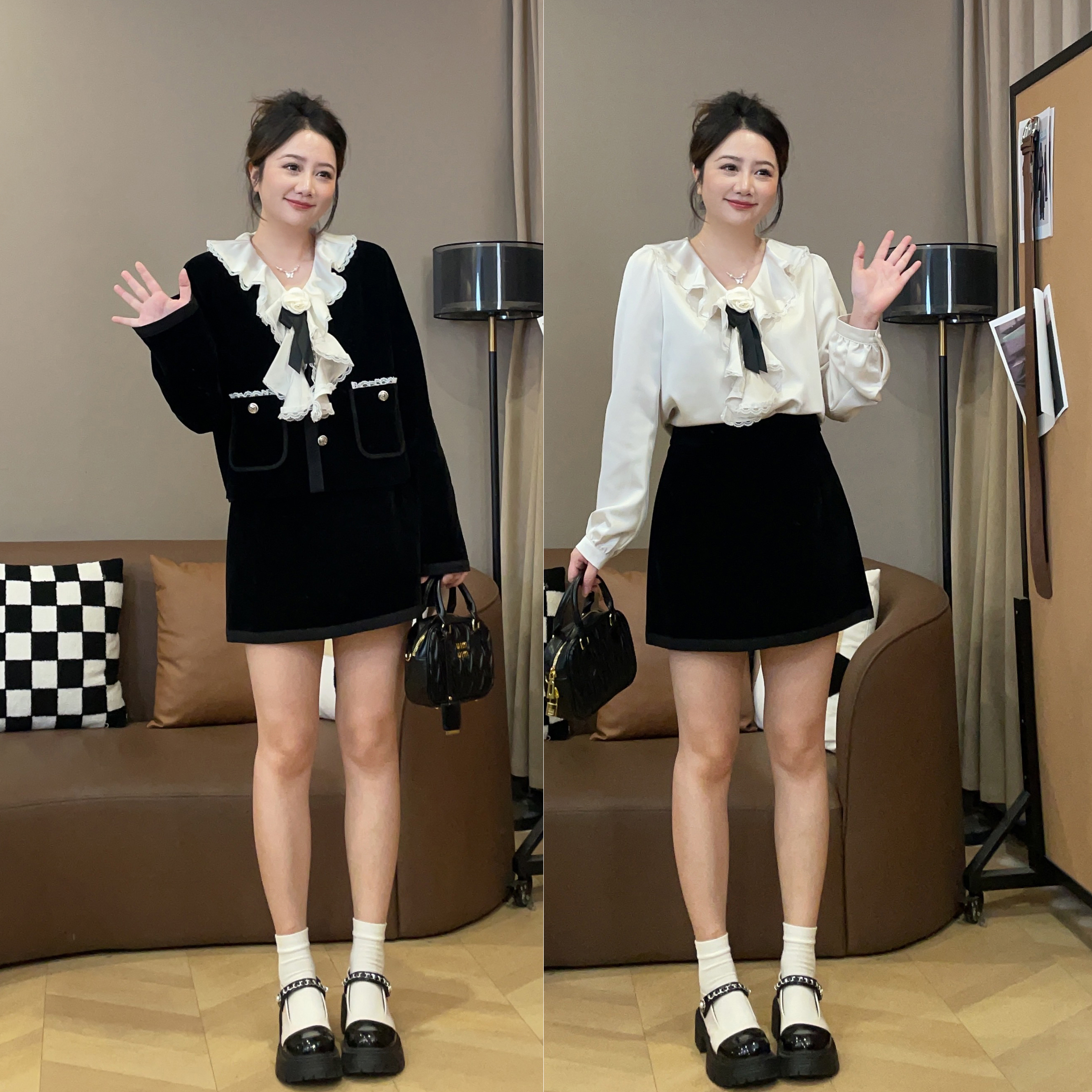 大萌萌千金风秋季丝绒短外套半裙缎面衬衫微胖显瘦套装P225A16042