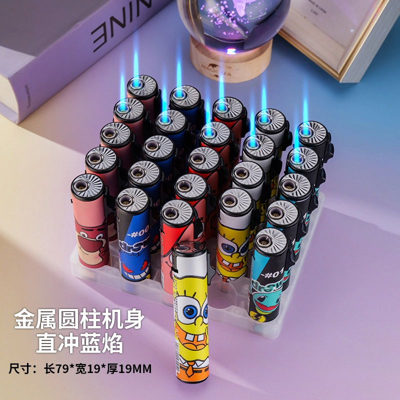 2025新款个性创意圆柱细支可爱卡通防风打火机酷炫蓝焰送男女友礼