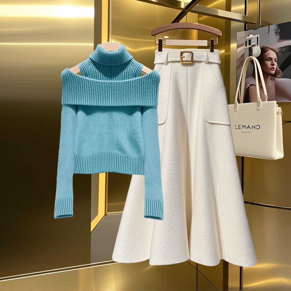 软糯慵懒风假两件高领内搭针织毛衣秋冬a字加厚半身裙套装女爆款