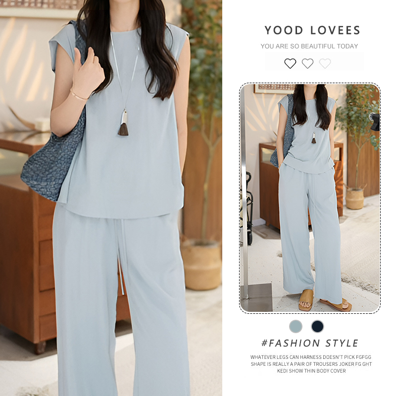 松弛感穿搭套装2025新款女装夏季高级感蓝色无袖上衣阔腿裤两件套
