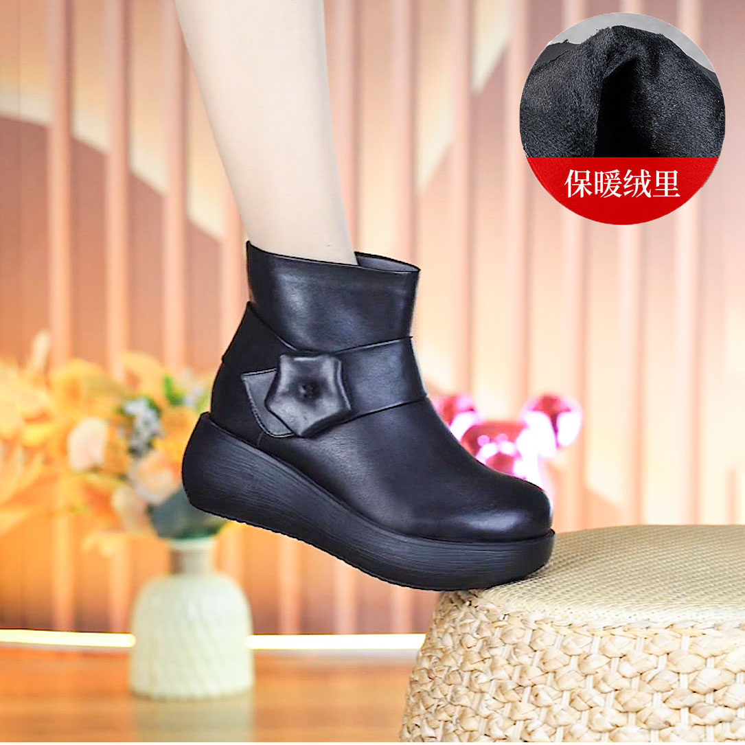 5691秋冬新款真皮厚底马丁靴女保暖加绒短靴舒适时尚松糕厚底棉靴