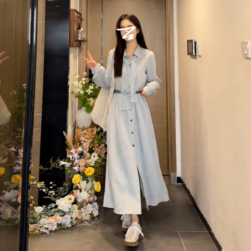 温柔风蓝色条纹polo领衬衫连衣裙子小众女装春季新款开衫长裙0184