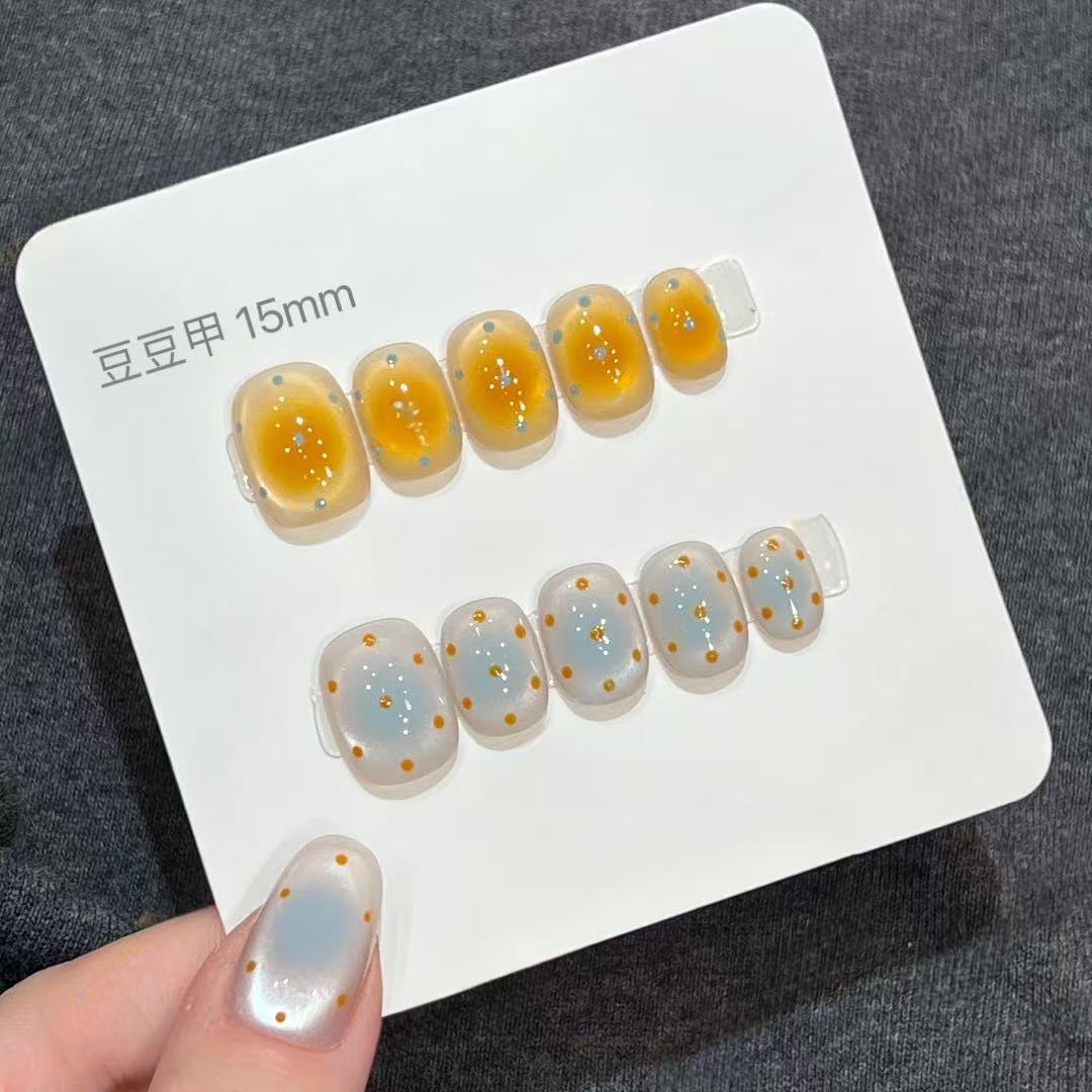 【海盐芝士】AB款 蓝黄搭配可露丽波点猫眼 清爽纯手工鸳鸯甲穿戴甲