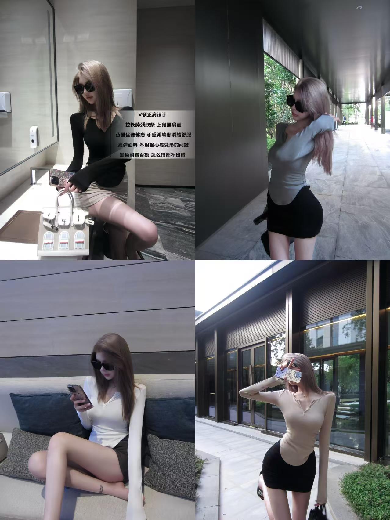 性感半开领纽扣显胸锁骨灰色长袖T恤女夏秋辣妹修身弧形打底上衣