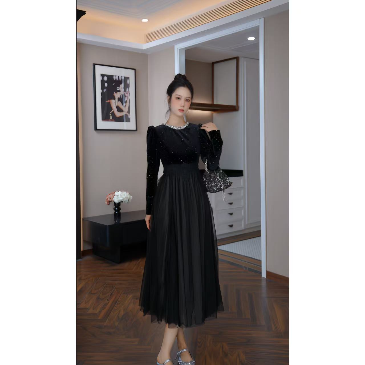 【时时原创】高腰法式纯色不褪色长裙连衣裙黑色秋季秋冬长款45388