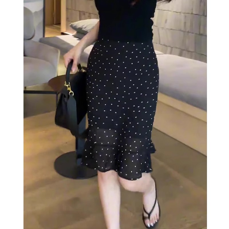 拉夏贝尔复古波点印花半身裙女2025夏季新款时尚减龄包臀a字中裙