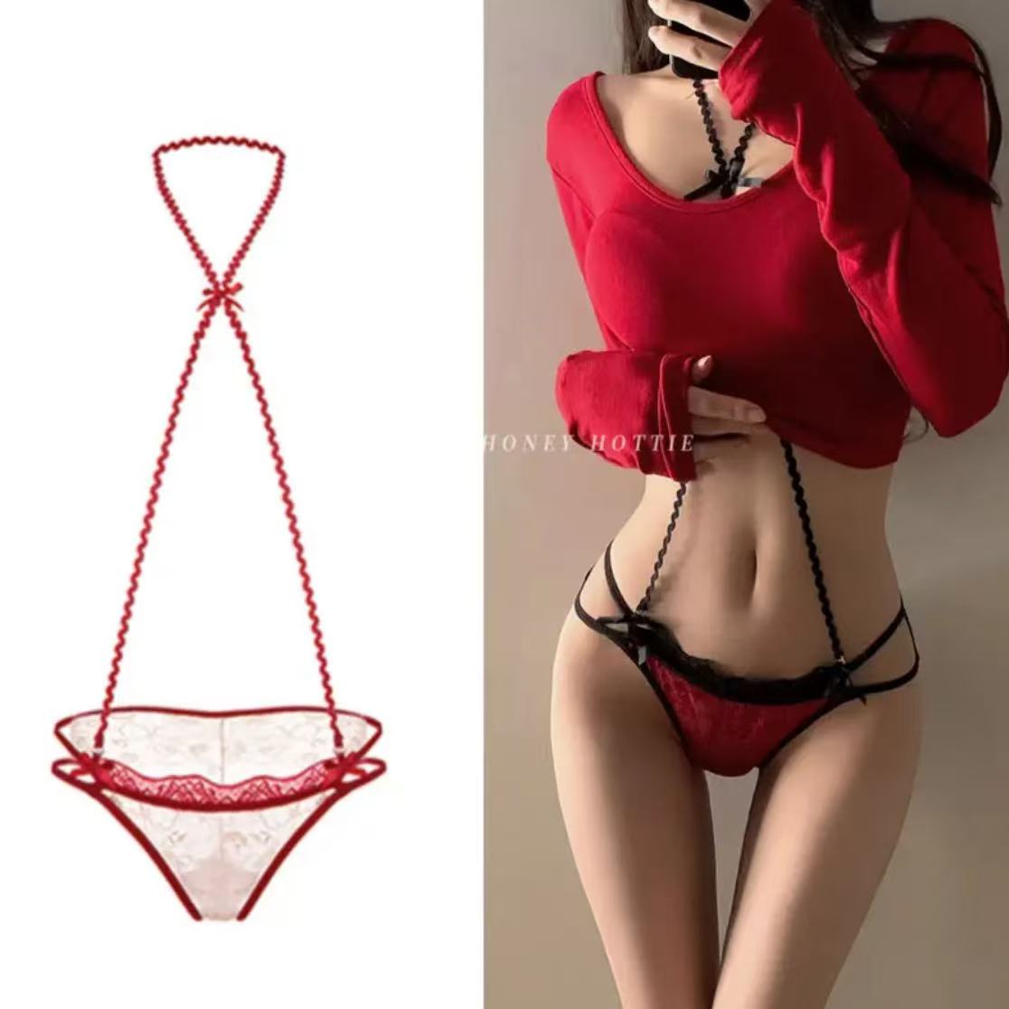 可拆卸挂脖新款法式性感内裤女蕾丝纯欲少女三角裤低腰内搭小心机