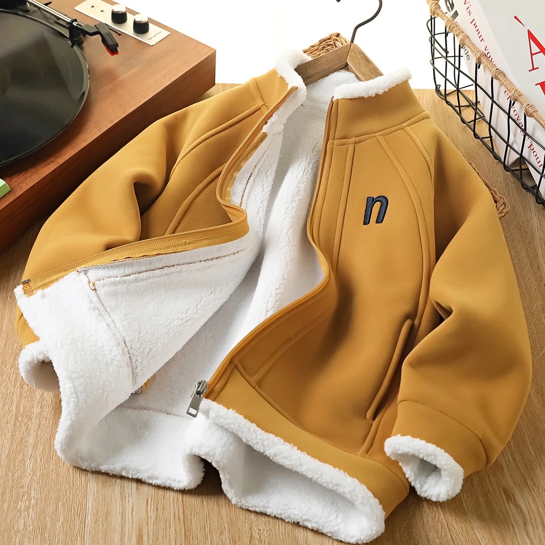 男女童加绒加厚外套2025新款炸街帅气羊羔绒中大儿童冬装卫衣开衫