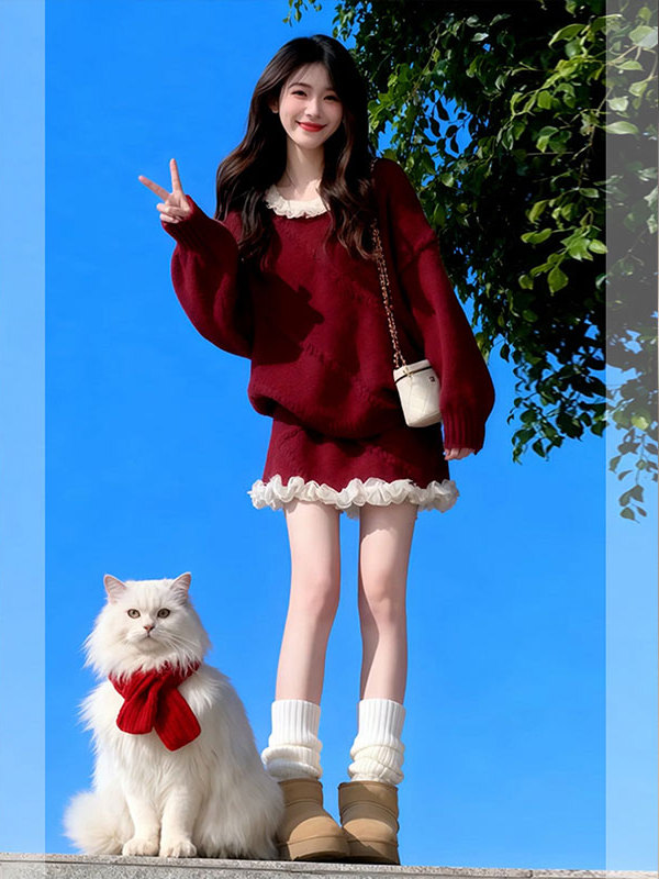 时尚多巴胺显白毛衣套装冬季甜美风穿搭女2025新款针织上衣半身裙