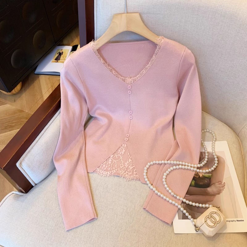 粉色蕾丝拼接打底针织衫女秋冬季修身显瘦毛衣甜美短款上衣F9-28