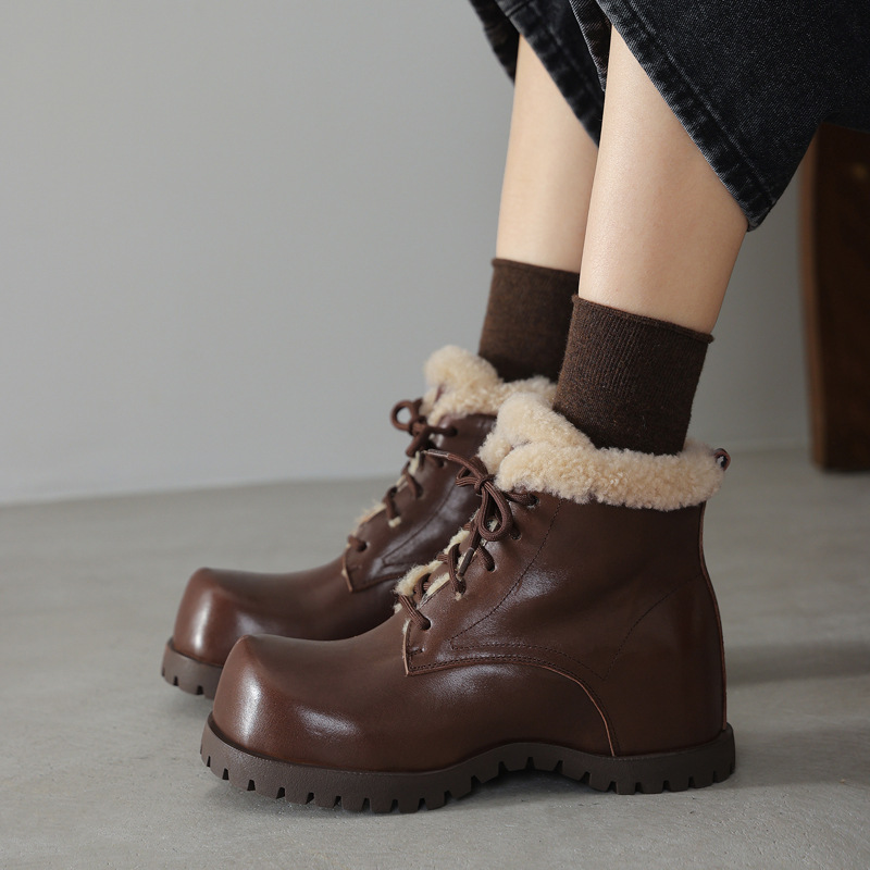 头层牛皮内增高保暖勃肯雪地靴中跟圆头坡跟真皮系带毛毛短靴