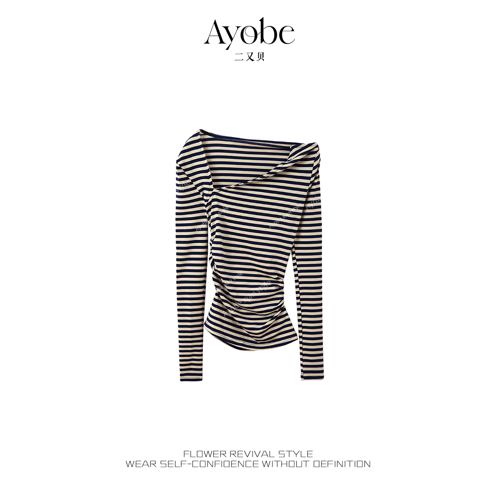 AYOBE小贤/银河狂野  纯欲绝美气质显瘦条纹V领长袖小众打底衫